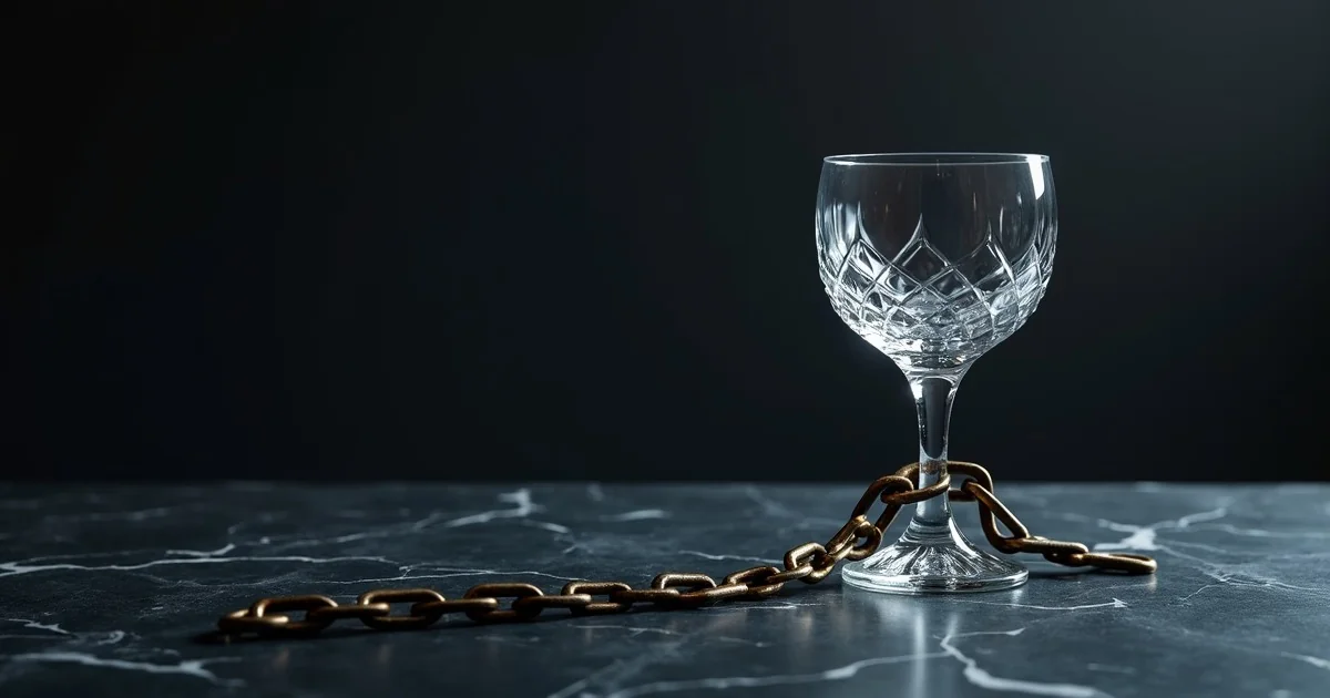 Krystaliczny kieliszek owiniety lancuchem na ciemnym marmurze - alkohol po pracy pulapka uzaleznienia